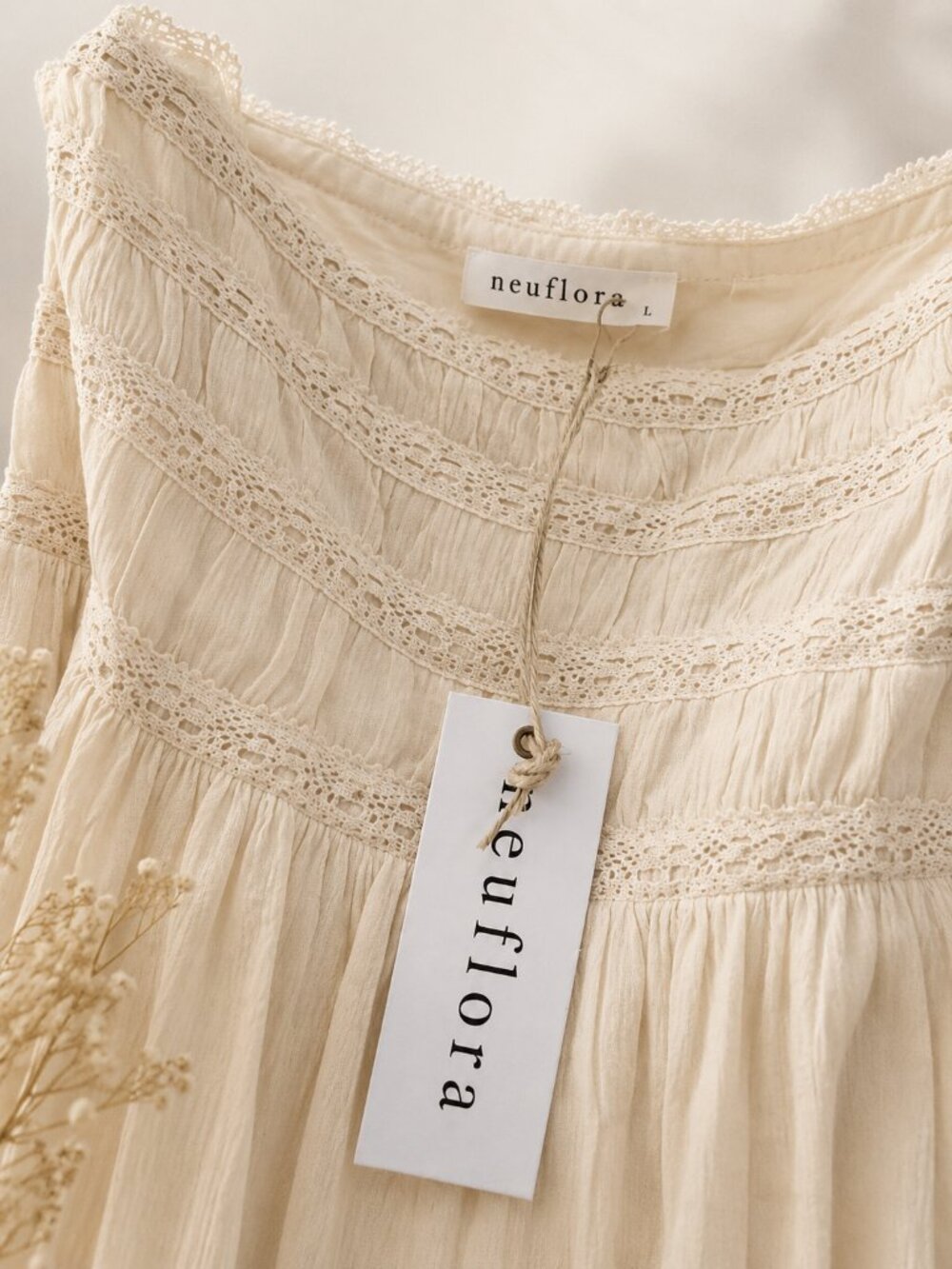 NWT Neuflora Cream Cotton Lace Trim Peasant Blouse | Cottagecore Boho Top - Picture 2 of 3